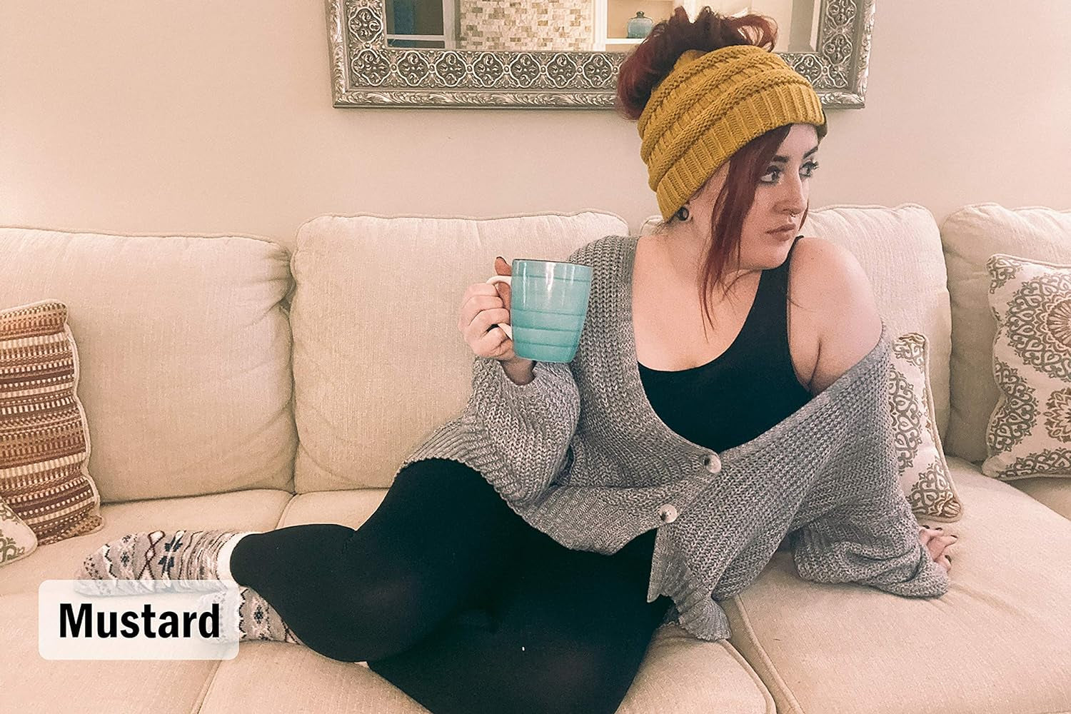 Ponytail Beanie for Women - Winter Ponyback Hat Soft Stretch Cable Knit High Pony Tail Womens Running Hats