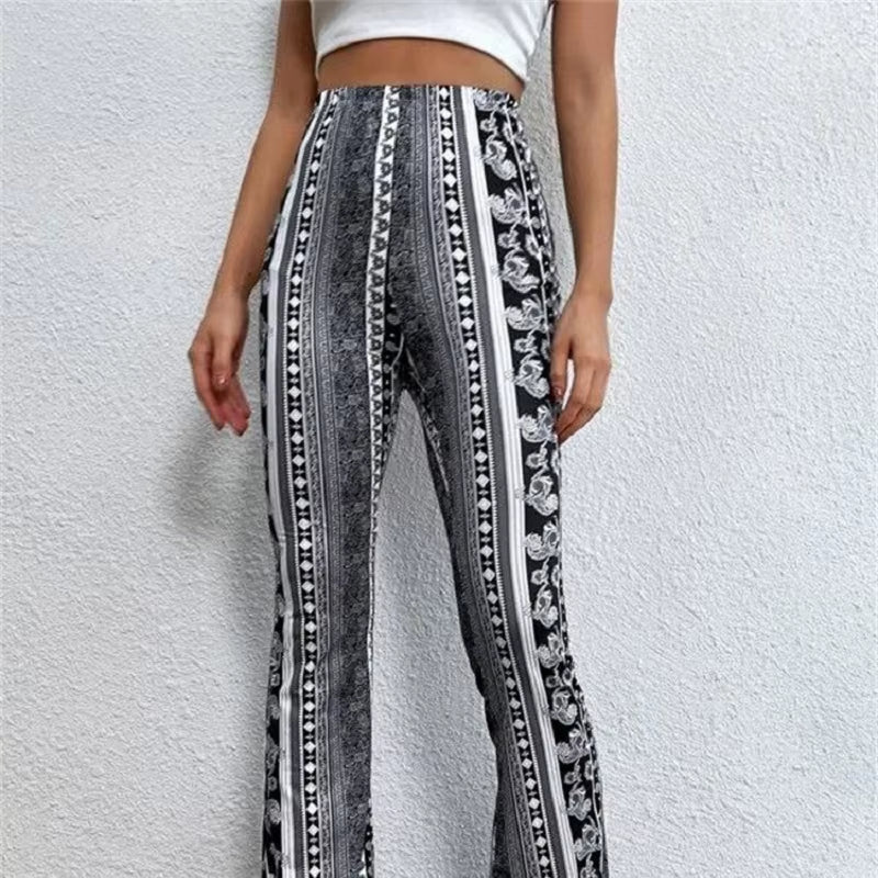 Fashionable New High Elasticity Tight Fitting Micro Flared Printed Casual Pants
