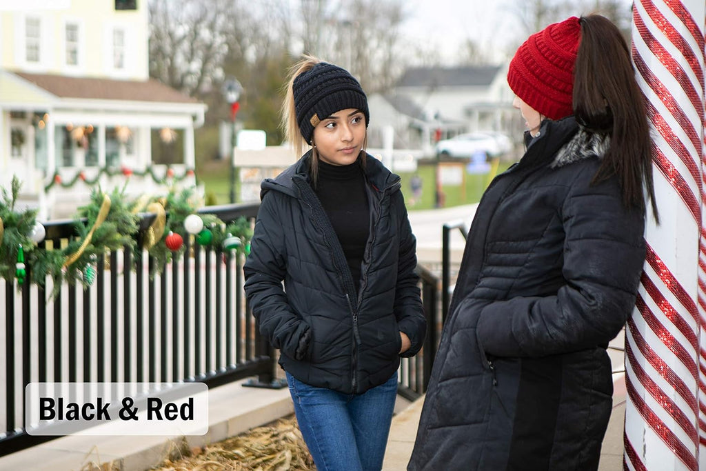 Ponytail Beanie for Women - Winter Ponyback Hat Soft Stretch Cable Knit High Pony Tail Womens Running Hats